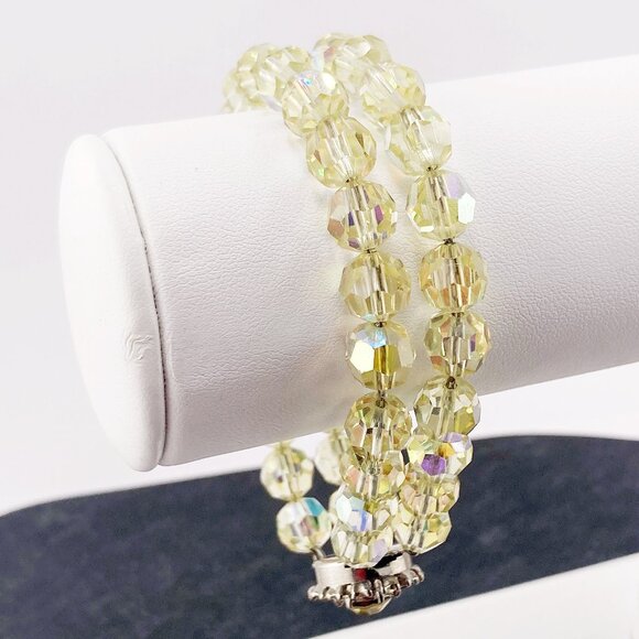 VINTAGE Yellow peridot green AB coated double-strand glass beaded bracelet - Picture 3 of 8